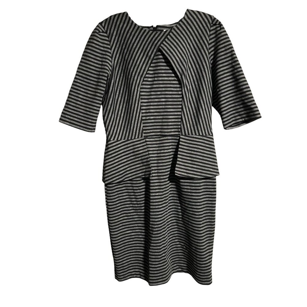 Olivia Matthews Black & Gray Striped Peplum Sheath Dress Womens M 10 Knee Length